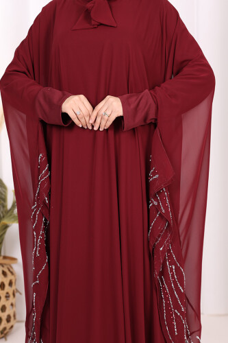 Taş Detaylı Abayalı Elbise Takım 3927 Bordo - 7