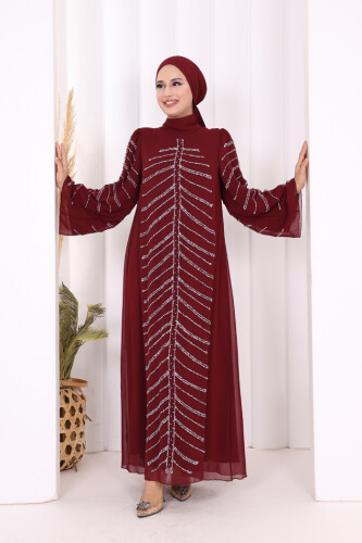Taş Detaylı Abiye Elbise 3915 Bordo - Bym Fashion