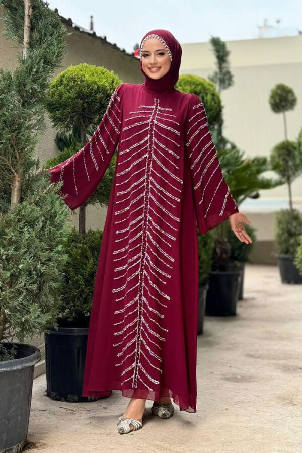 Taş Detaylı Abiye Elbise 3915 Bordo - 1