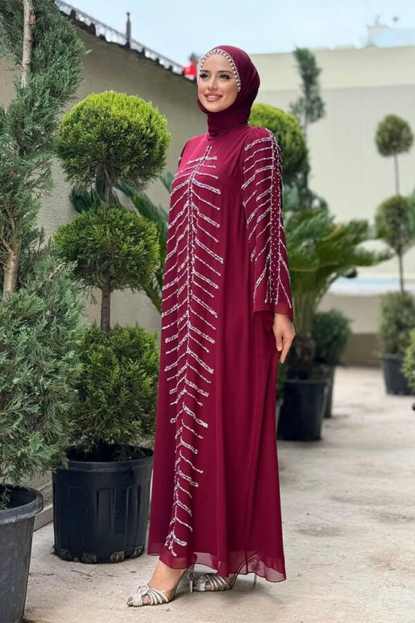 Taş Detaylı Abiye Elbise 3915 Bordo - 2