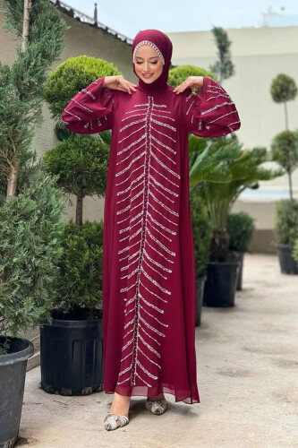 Taş Detaylı Abiye Elbise 3915 Bordo - 3