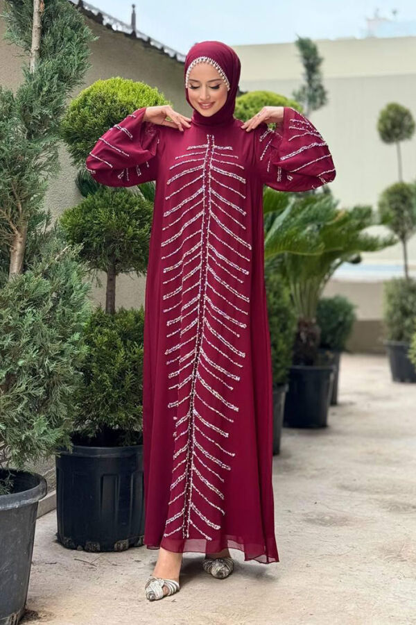 Taş Detaylı Abiye Elbise 3915 Bordo - 3