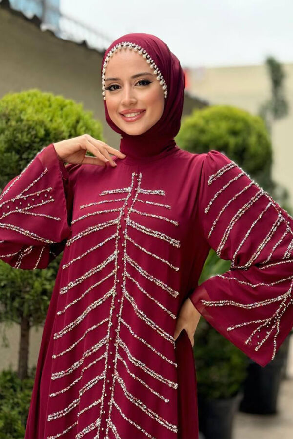 Taş Detaylı Abiye Elbise 3915 Bordo - 4