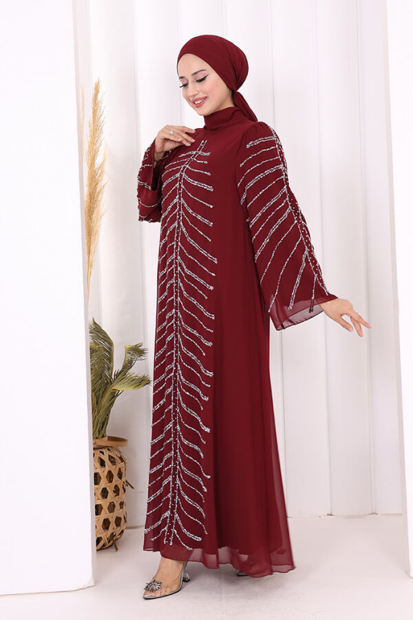 Taş Detaylı Abiye Elbise 3915 Bordo - 3