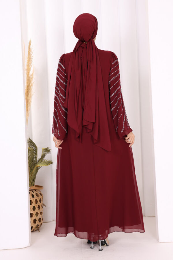 Taş Detaylı Abiye Elbise 3915 Bordo - 4
