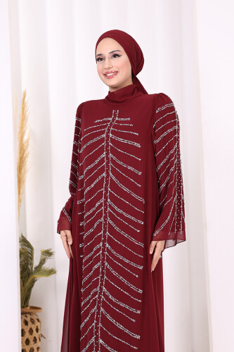 Taş Detaylı Abiye Elbise 3915 Bordo - 5