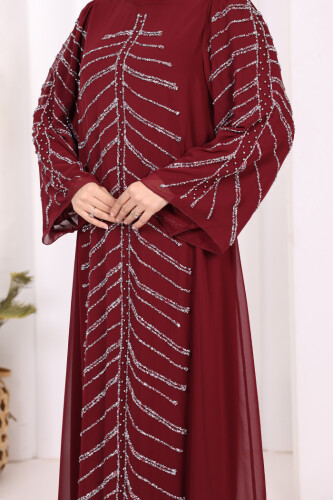 Taş Detaylı Abiye Elbise 3915 Bordo - 6