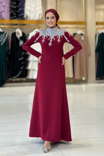 Taş Detaylı Abiye Elbise 3916 Bordo - Bym Fashion