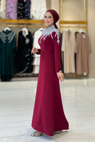 Taş Detaylı Abiye Elbise 3916 Bordo - 3