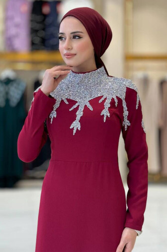 Taş Detaylı Abiye Elbise 3916 Bordo - 4