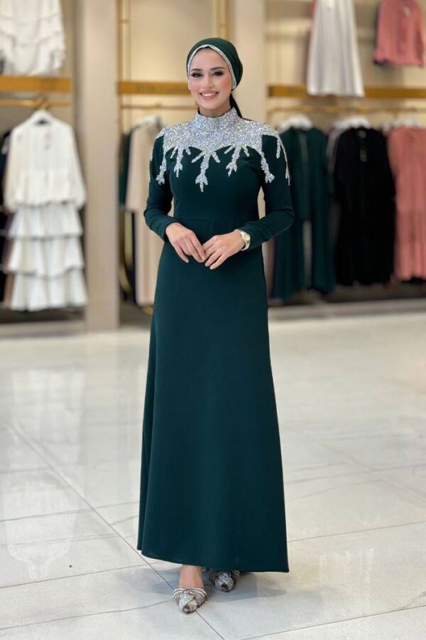 Taş Detaylı Abiye Elbise 3916 Zümrüt - 1