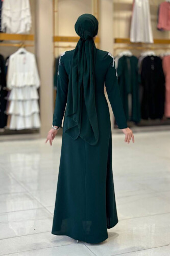 Taş Detaylı Abiye Elbise 3916 Zümrüt - 2