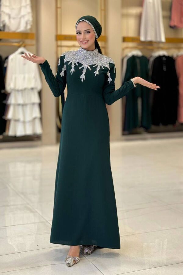 Taş Detaylı Abiye Elbise 3916 Zümrüt - 3
