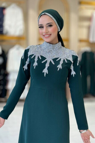 Taş Detaylı Abiye Elbise 3916 Zümrüt - 4