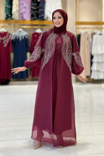 Taş Detaylı Elbise Abaya Takım 3943 Bordo - Bym Fashion