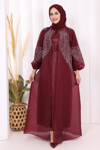 Taş Detaylı Elbise Abaya Takım 3943 Bordo