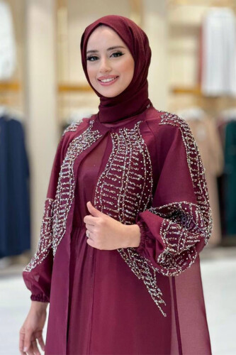 Taş Detaylı Elbise Abaya Takım 3943 Bordo - 4