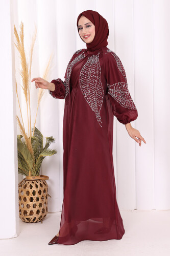 Taş Detaylı Elbise Abaya Takım 3943 Bordo - 2