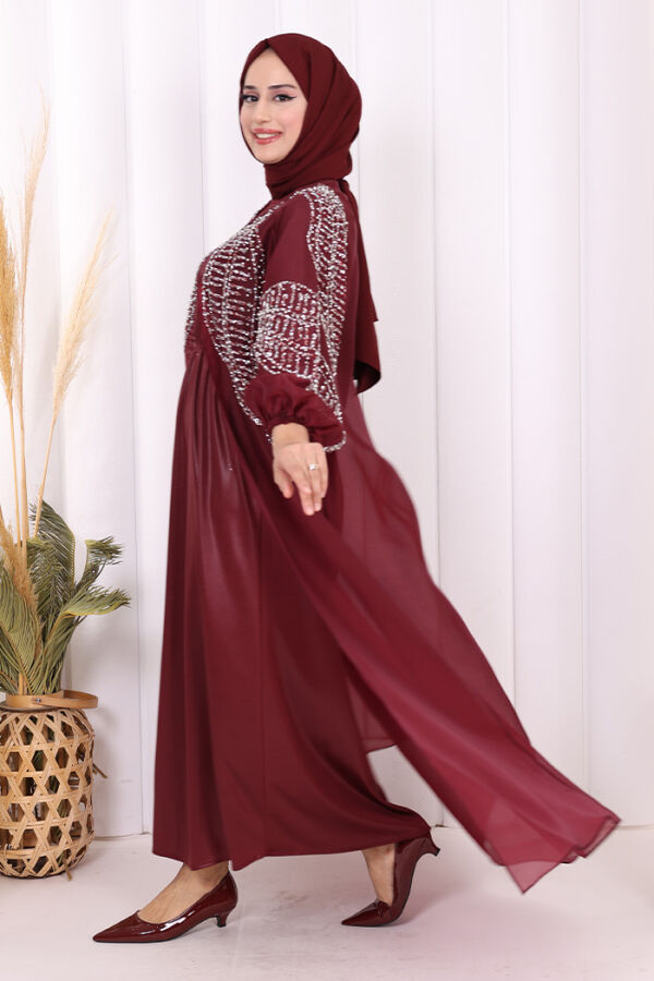 Taş Detaylı Elbise Abaya Takım 3943 Bordo - 3