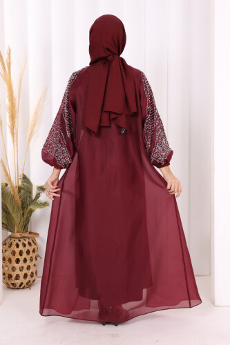 Taş Detaylı Elbise Abaya Takım 3943 Bordo - 4