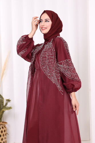 Taş Detaylı Elbise Abaya Takım 3943 Bordo - 5