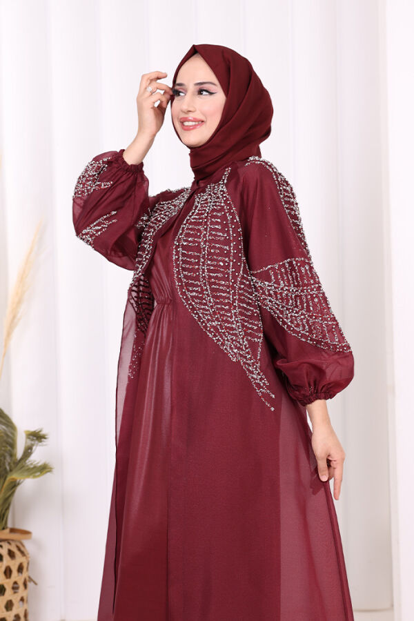 Taş Detaylı Elbise Abaya Takım 3943 Bordo - 5