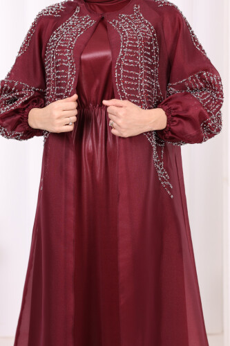 Taş Detaylı Elbise Abaya Takım 3943 Bordo - 6