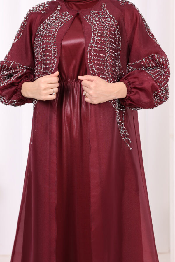 Taş Detaylı Elbise Abaya Takım 3943 Bordo - 6
