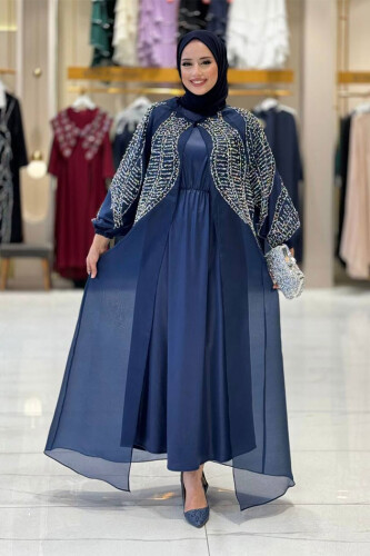 Taş Detaylı Elbise Abaya Takım 3943 Lacivert 