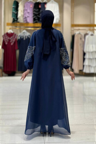 Taş Detaylı Elbise Abaya Takım 3943 Lacivert - 2