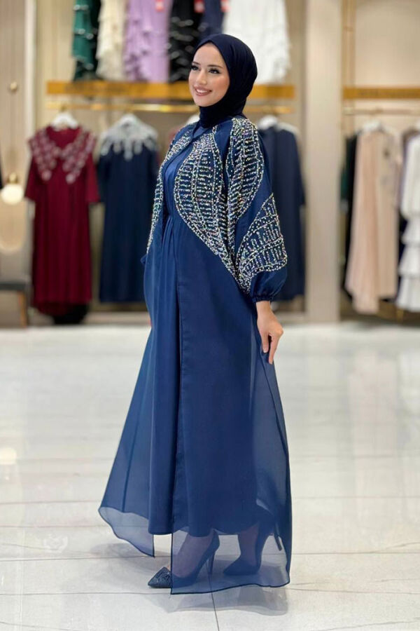 Taş Detaylı Elbise Abaya Takım 3943 Lacivert - 3