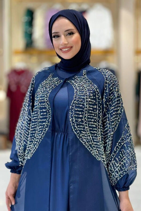 Taş Detaylı Elbise Abaya Takım 3943 Lacivert - 4