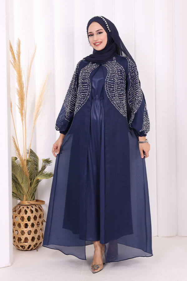 Taş Detaylı Elbise Abaya Takım 3943 Lacivert - 1