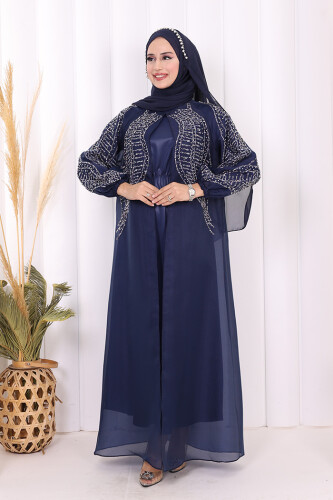 Taş Detaylı Elbise Abaya Takım 3943 Lacivert - 2