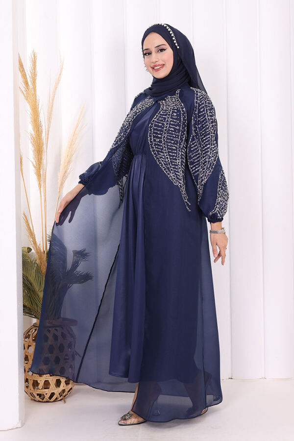 Taş Detaylı Elbise Abaya Takım 3943 Lacivert - 3