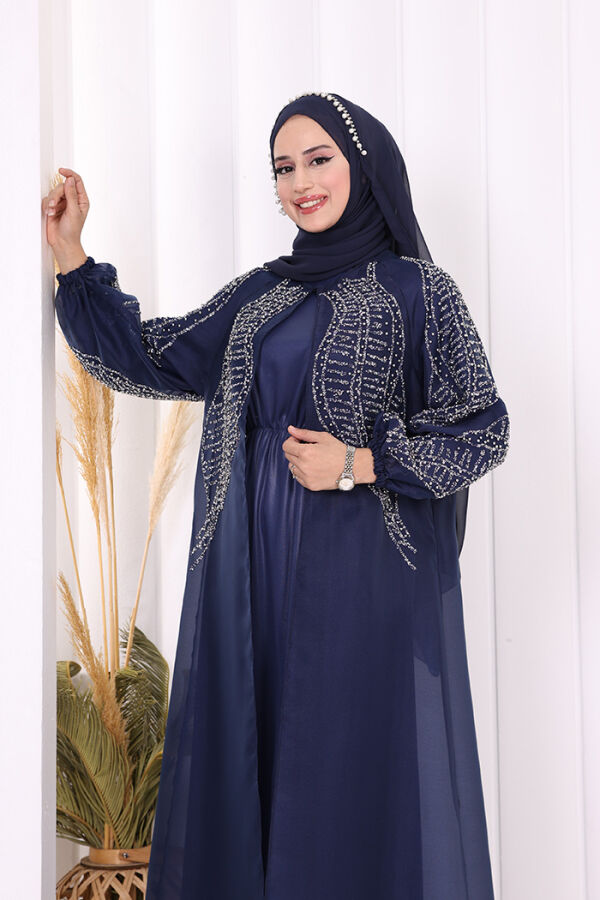 Taş Detaylı Elbise Abaya Takım 3943 Lacivert - 5