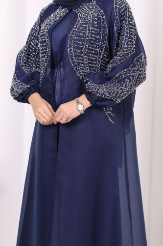 Taş Detaylı Elbise Abaya Takım 3943 Lacivert - 6