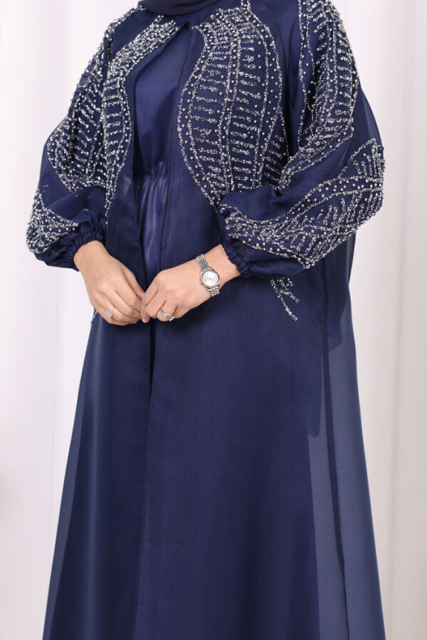 Taş Detaylı Elbise Abaya Takım 3943 Lacivert - 6