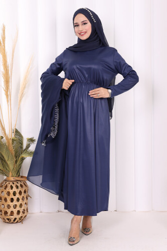Taş Detaylı Elbise Abaya Takım 3943 Lacivert - 7