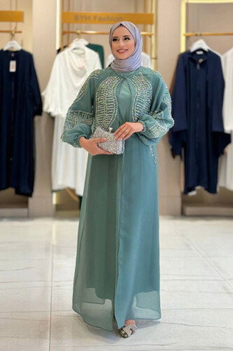 Taş Detaylı Elbise Abaya Takım 3943 Mint - Bym Fashion