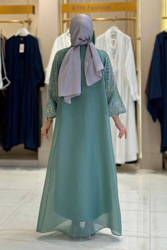 Taş Detaylı Elbise Abaya Takım 3943 Mint - 2