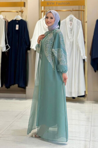 Taş Detaylı Elbise Abaya Takım 3943 Mint - 3