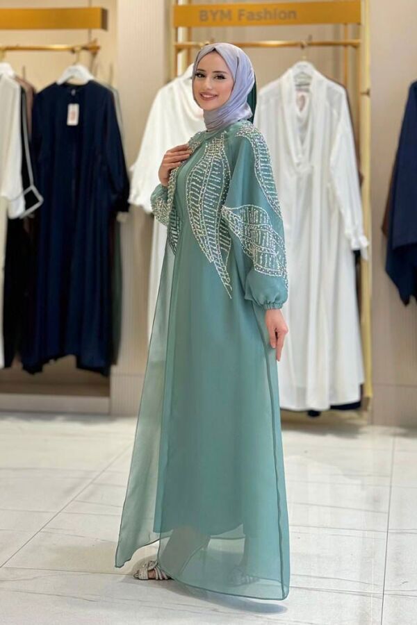 Taş Detaylı Elbise Abaya Takım 3943 Mint - 3