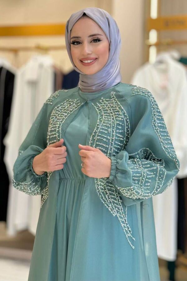 Taş Detaylı Elbise Abaya Takım 3943 Mint - 4