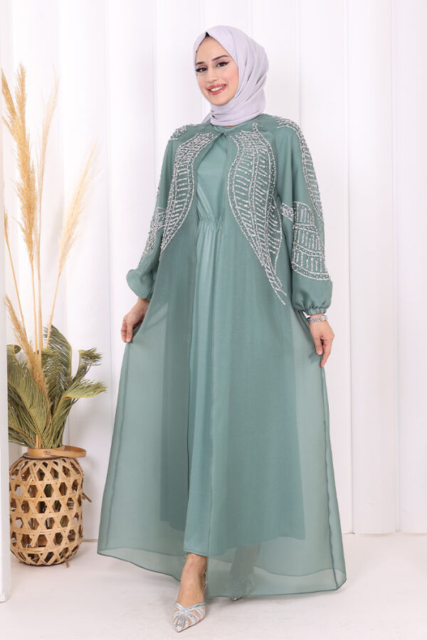 Taş Detaylı Elbise Abaya Takım 3943 Mint - 1