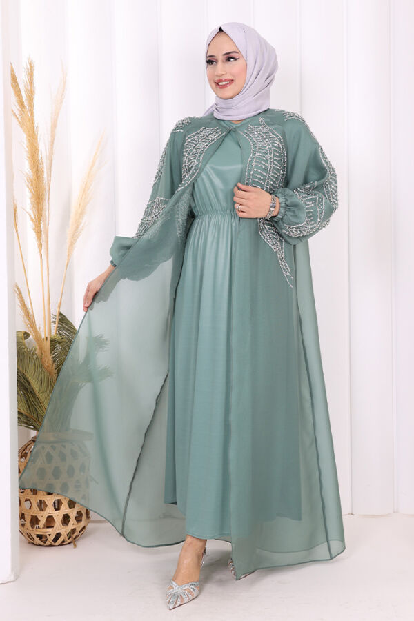 Taş Detaylı Elbise Abaya Takım 3943 Mint - 2