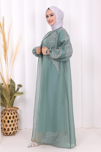 Taş Detaylı Elbise Abaya Takım 3943 Mint - 3