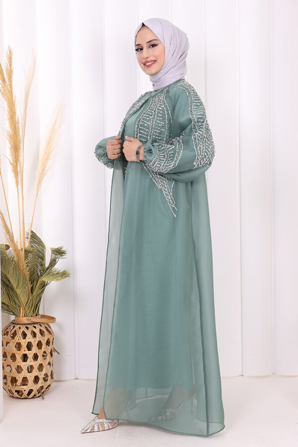 Taş Detaylı Elbise Abaya Takım 3943 Mint - 3