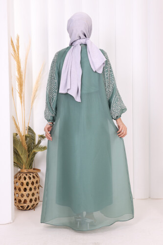 Taş Detaylı Elbise Abaya Takım 3943 Mint - 4