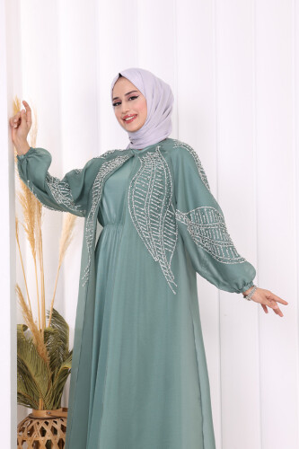 Taş Detaylı Elbise Abaya Takım 3943 Mint - 5
